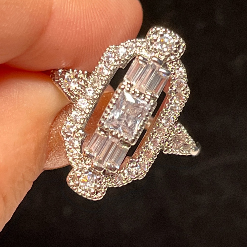 Romantic art deco style silver ring, sterling and clear rhinestones